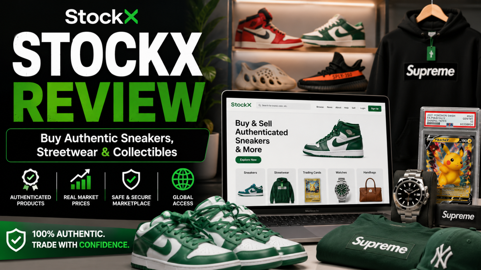 StockX review featuring authentic sneakers, streetwear, collectibles, trading cards, and luxury accessories marketplace